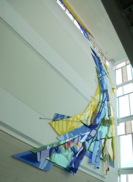 View from below of University of Wisconsin, Whitewater stained glass installation